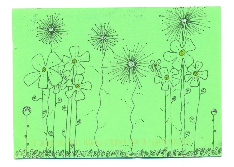 Card from Kathy in Ohio (ink and white paint on green stock)